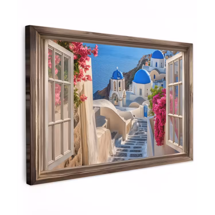 Canvas schilderij - Doorkijk - Santorini - Landschap - Blauw - Grieks — 1