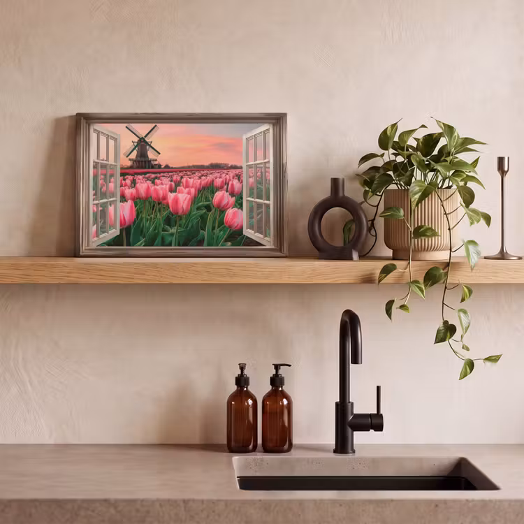 Canvas schilderij - Doorkijk - Tulpen - Bloemen - Molen - Raam — 3