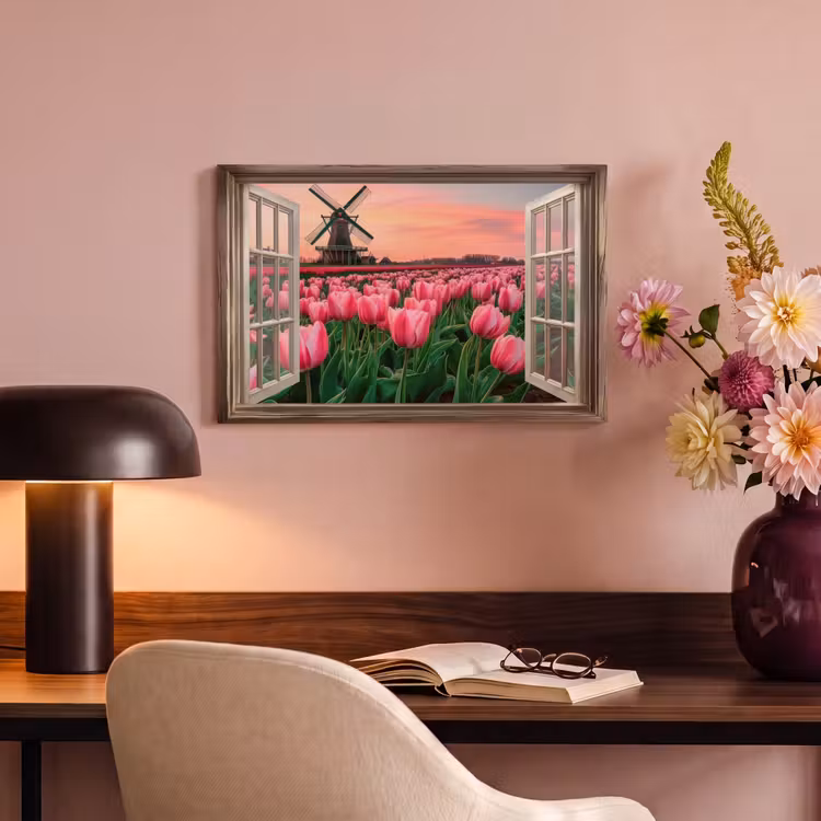 Canvas schilderij - Doorkijk - Tulpen - Bloemen - Molen - Raam — 4
