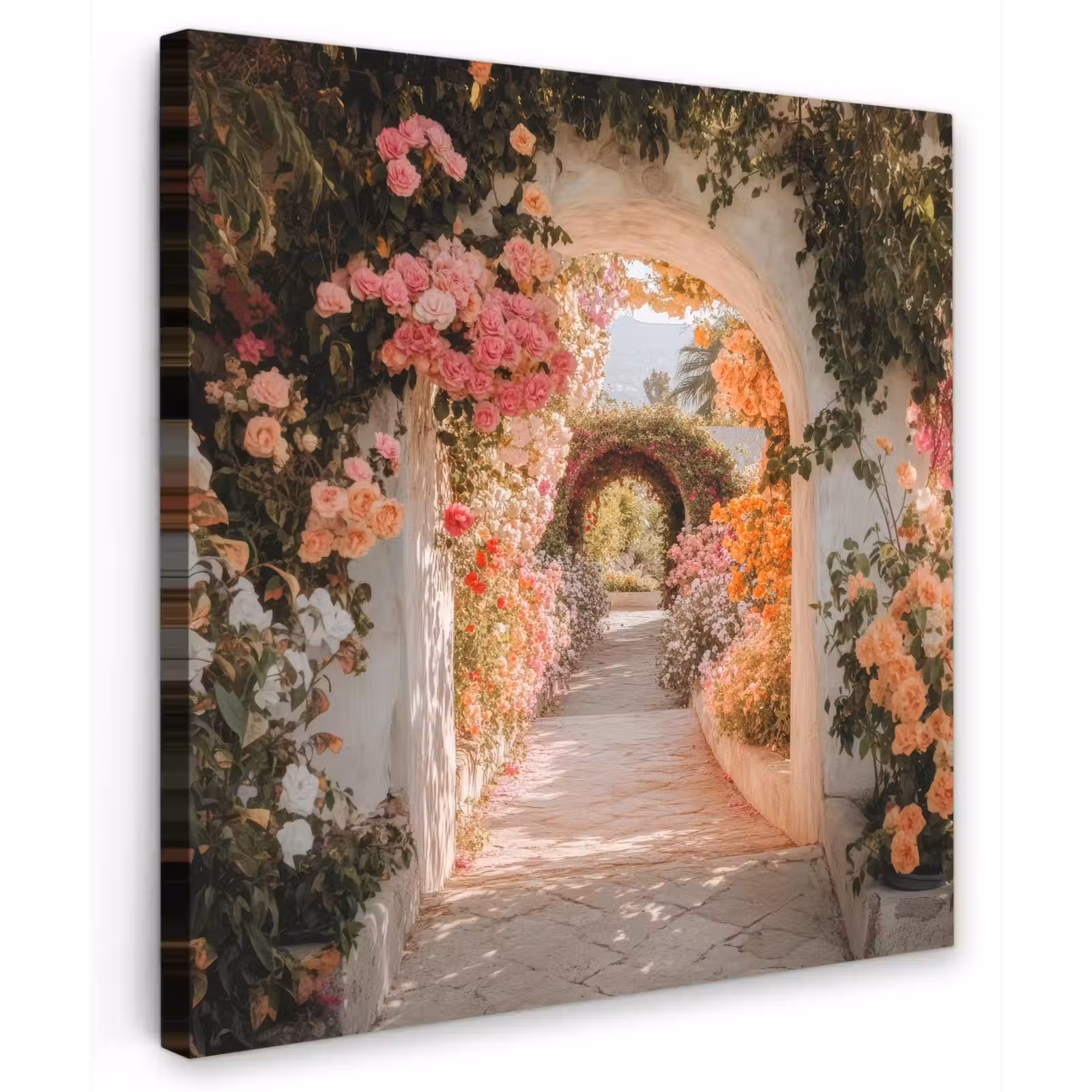Canvas schilderij - Doorkijk - Boog - Bloemen - Pastel — 1