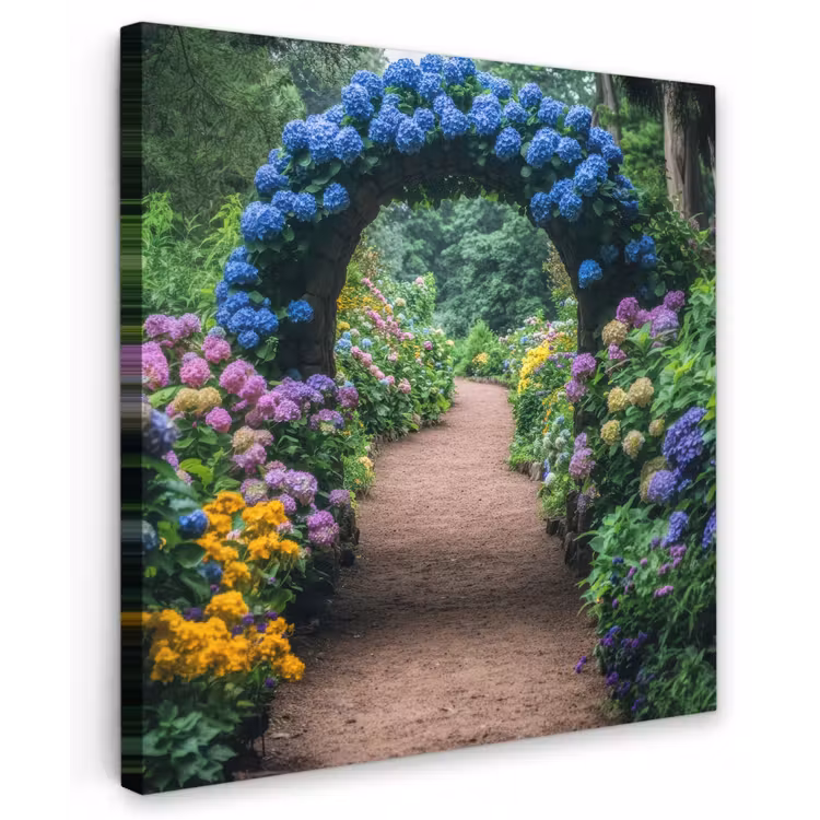 Canvas schilderij - Doorkijk - Bloemen - Hortensia - Pad — 1