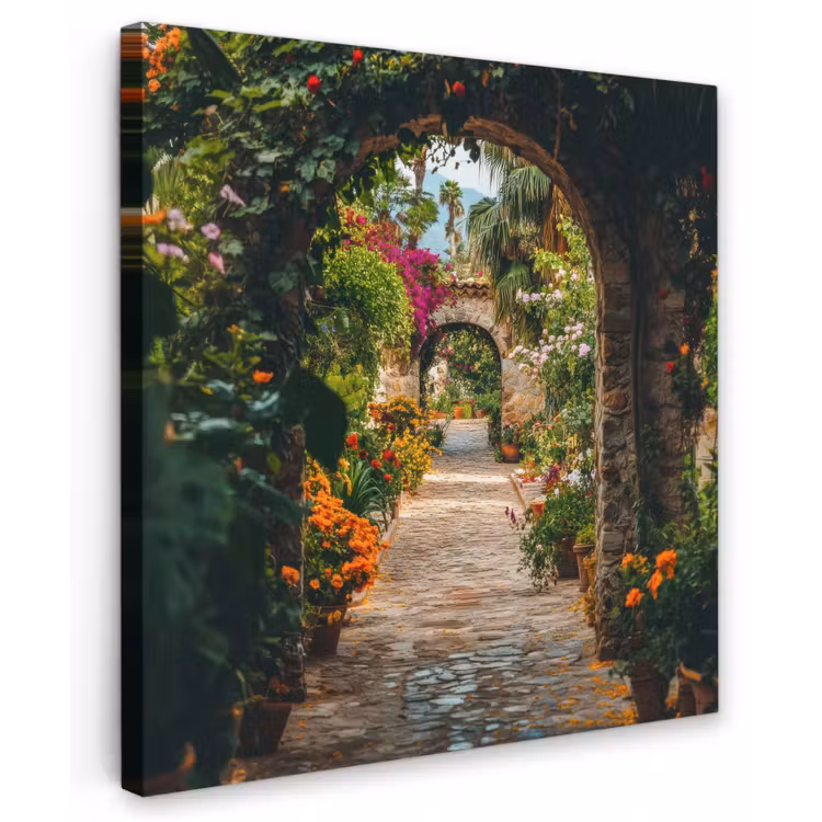 Canvas schilderij - Doorkijk - Bloemen - Poort - Stenen — 1