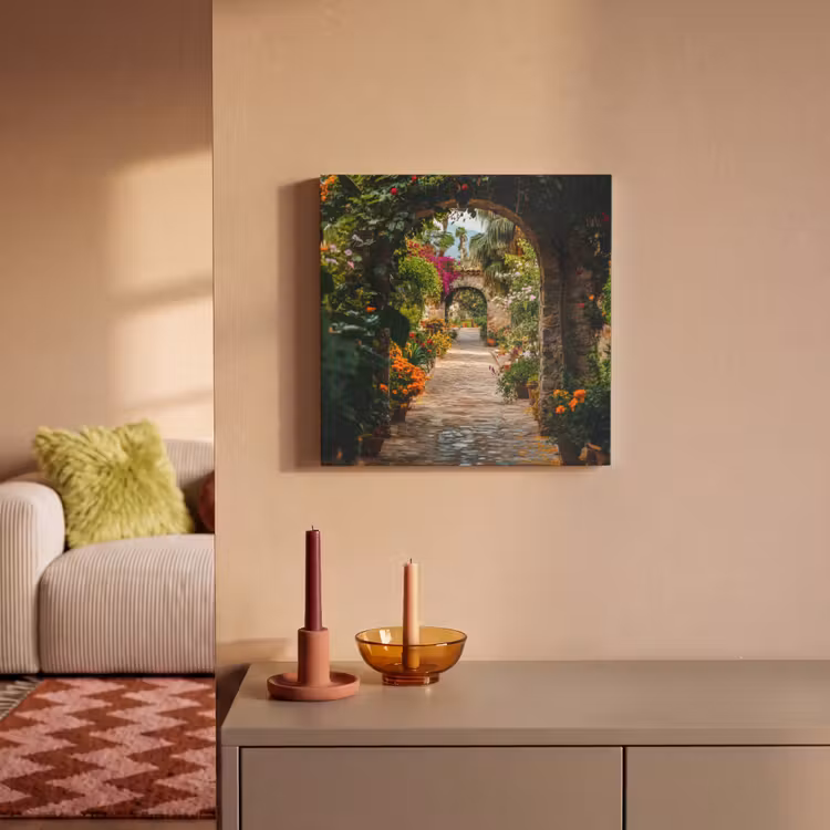 Canvas schilderij - Doorkijk - Bloemen - Poort - Stenen — 2