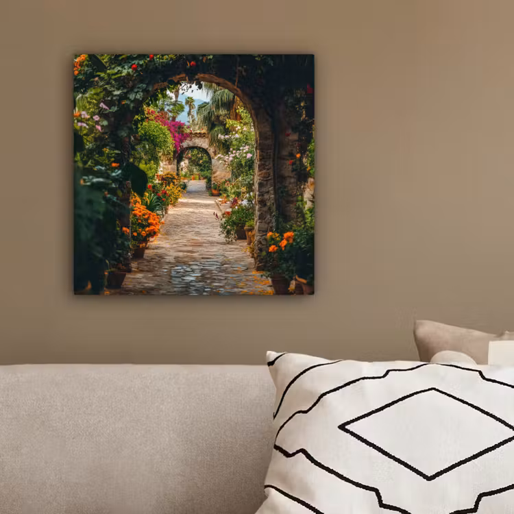 Canvas schilderij - Doorkijk - Bloemen - Poort - Stenen — 3