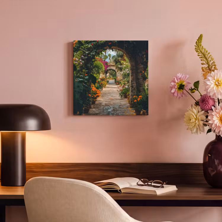 Canvas schilderij - Doorkijk - Bloemen - Poort - Stenen — 4