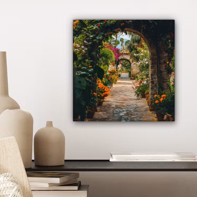 Canvas schilderij - Doorkijk - Bloemen - Poort - Stenen — 5