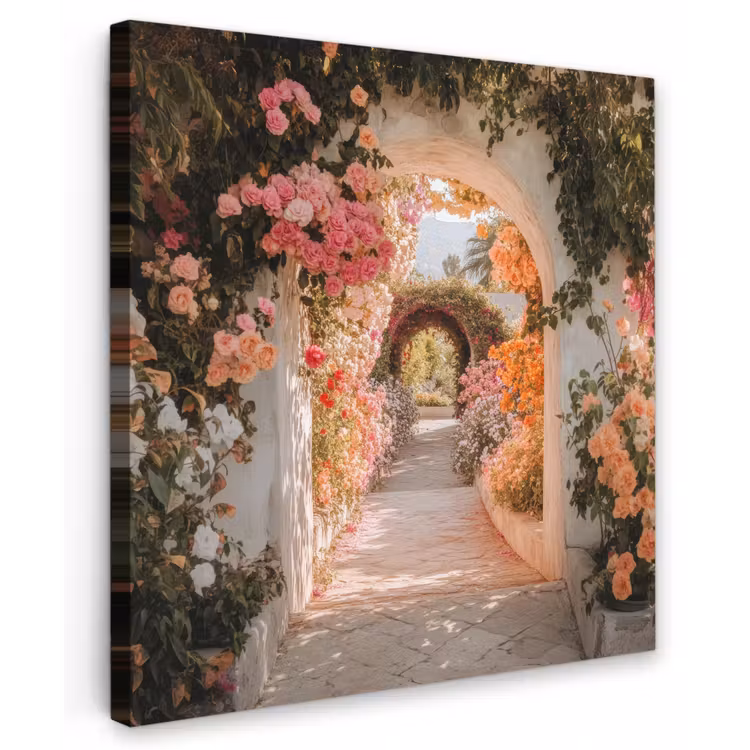 Canvas schilderij - Doorkijk - Boog - Bloemen - Pastel — 1