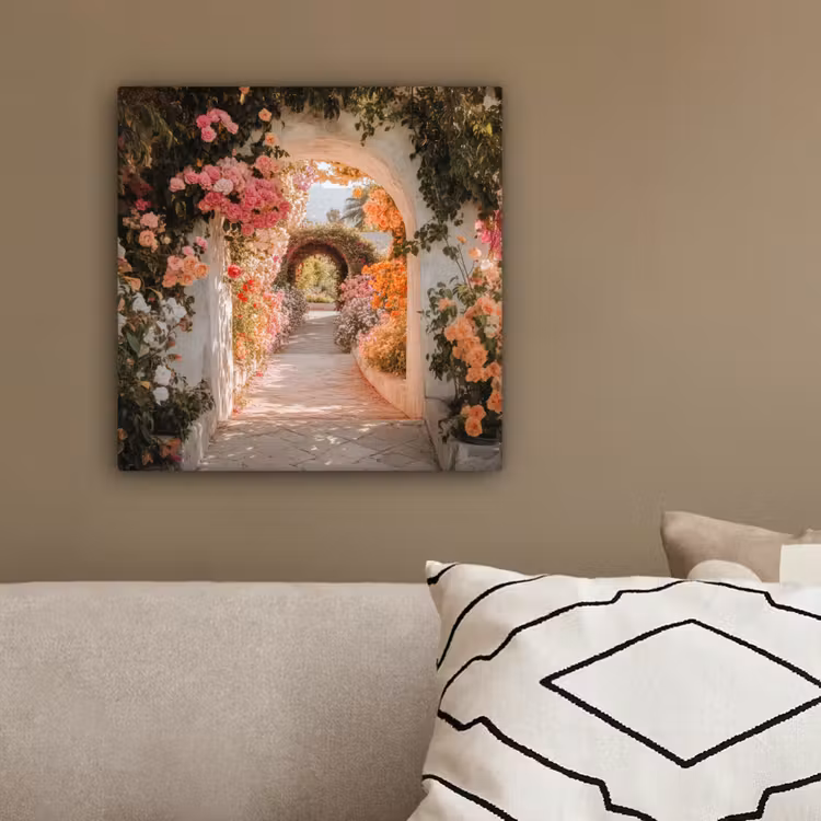 Canvas schilderij - Doorkijk - Boog - Bloemen - Pastel — 3