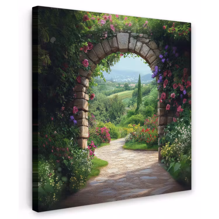 Canvas schilderij - Doorkijk - Landschap - Bloemen - Pad - Uitzicht — 1
