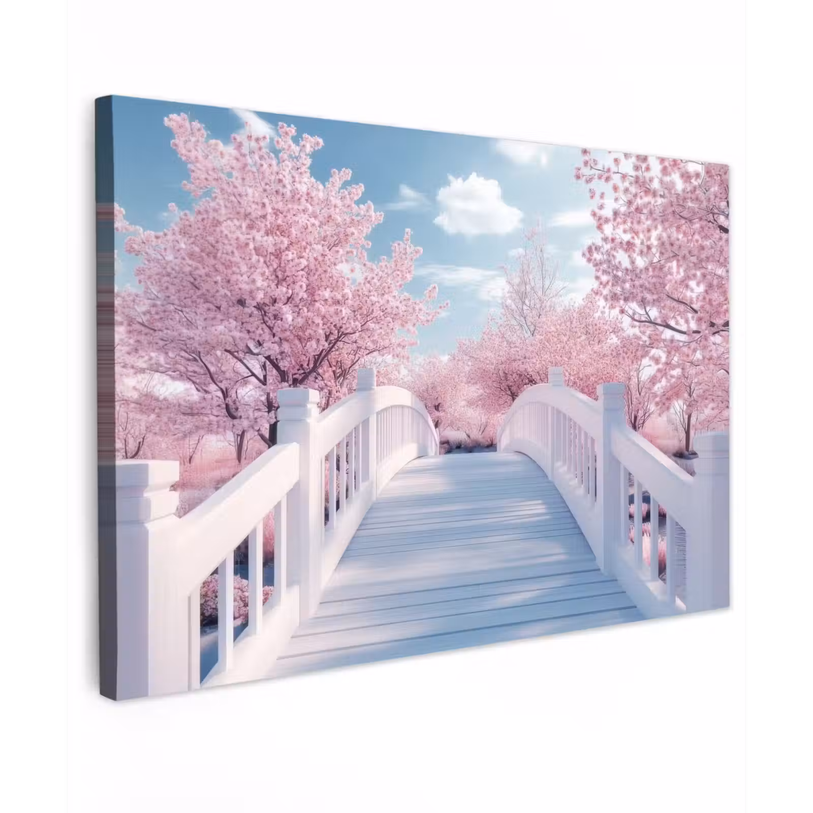 Canvas schilderij - Brug - Kersenbomen - Wit — 1