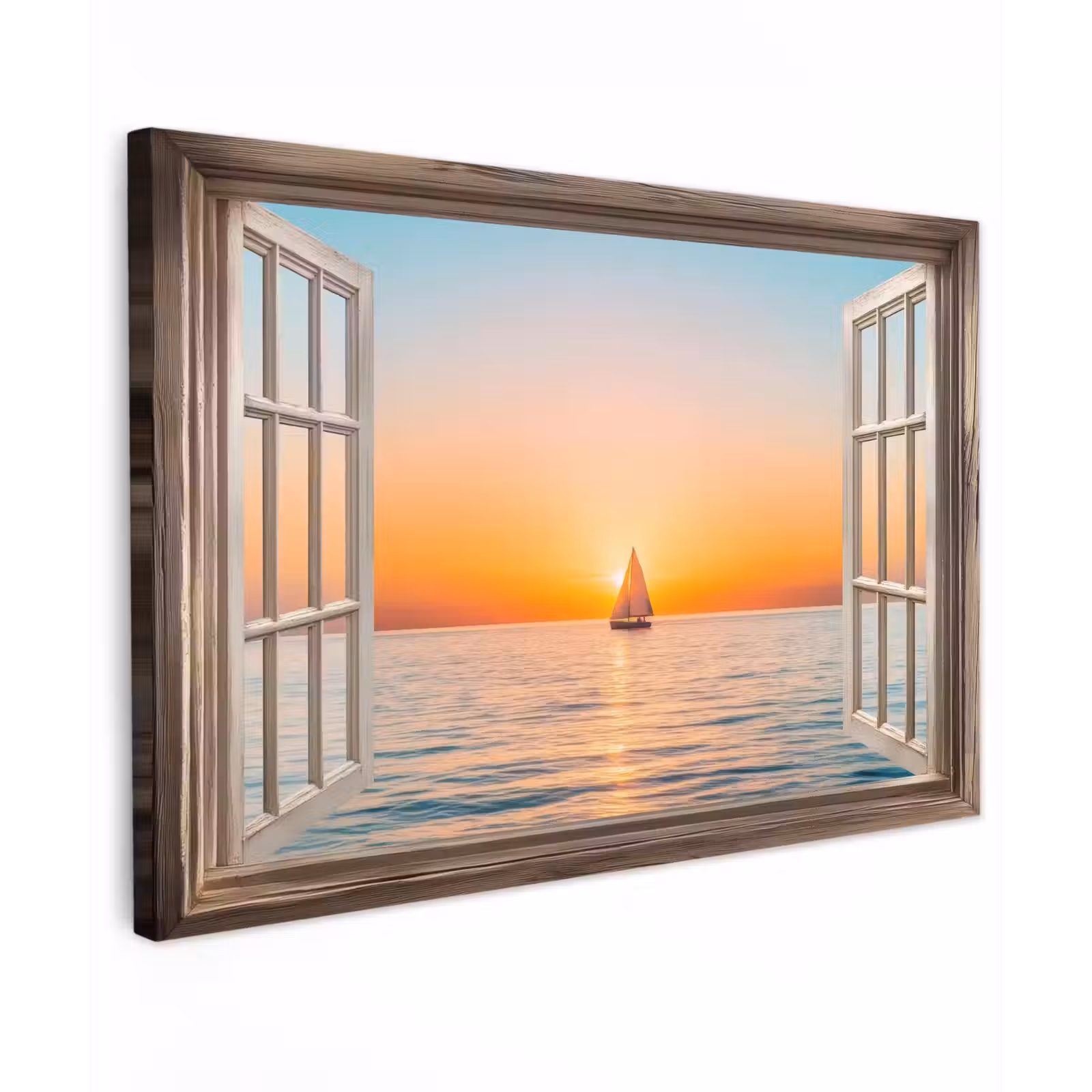 Canvas schilderij - Doorkijk - Zee - Boot - Zonsondergang — 1