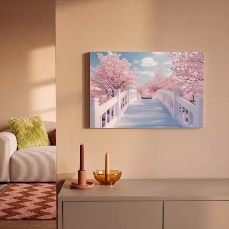 Canvas schilderij - Brug - Kersenbomen - Wit — 2