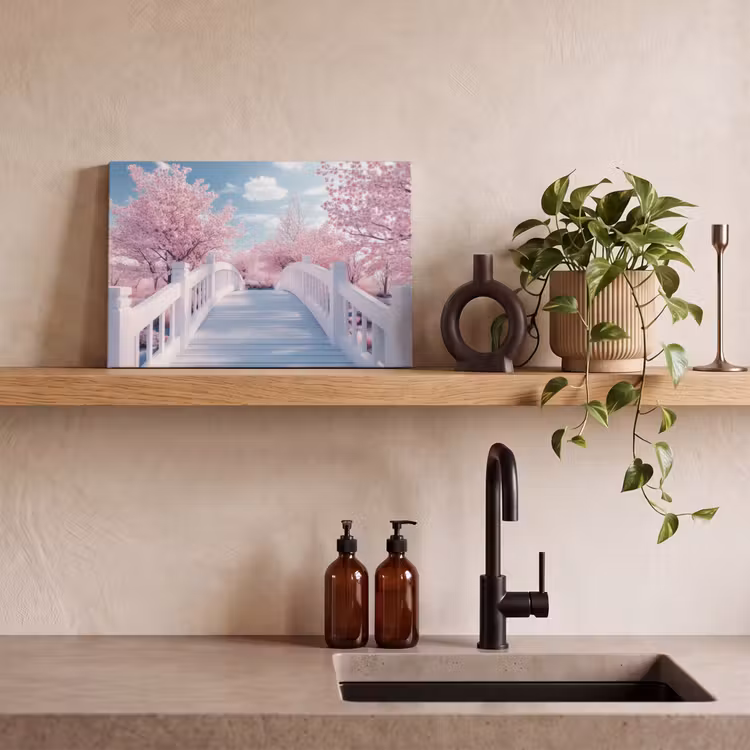 Canvas schilderij - Brug - Kersenbomen - Wit — 3