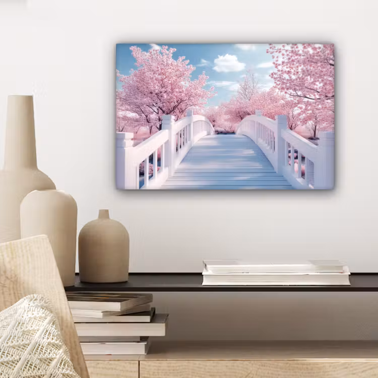 Canvas schilderij - Brug - Kersenbomen - Wit — 5