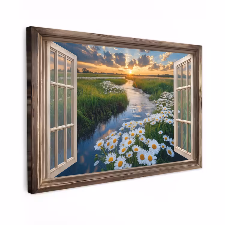 Canvas schilderij - Doorkijk - Landschap - Raam - Water - Zonsondergang — 1