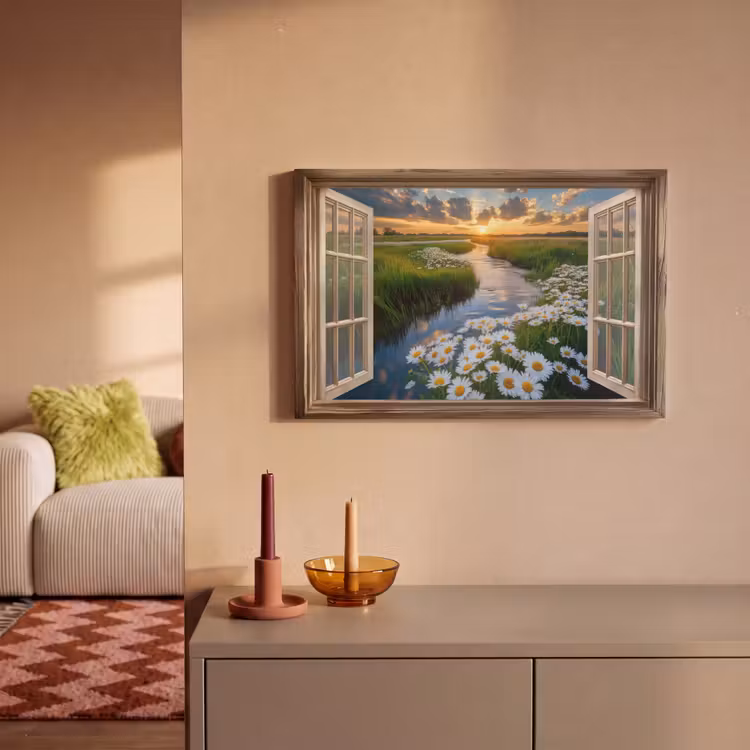Canvas schilderij - Doorkijk - Landschap - Raam - Water - Zonsondergang — 2