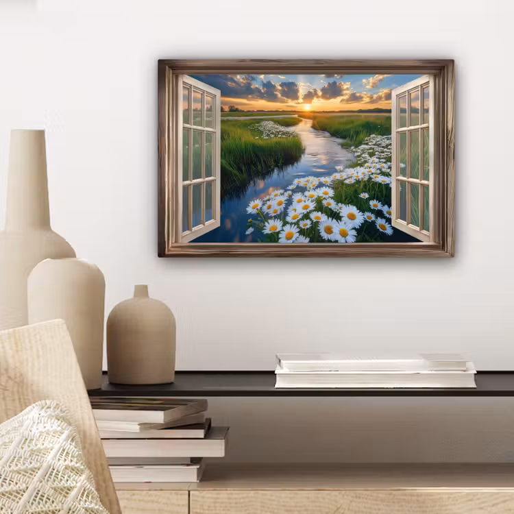 Canvas schilderij - Doorkijk - Landschap - Raam - Water - Zonsondergang — 5