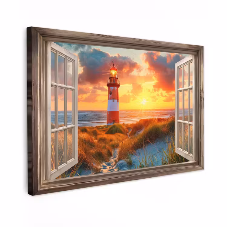 Canvas schilderij - Doorkijk - Raam - Vuurtoren - Zonsondergang - Strand — 1