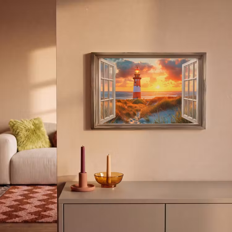 Canvas schilderij - Doorkijk - Raam - Vuurtoren - Zonsondergang - Strand — 2