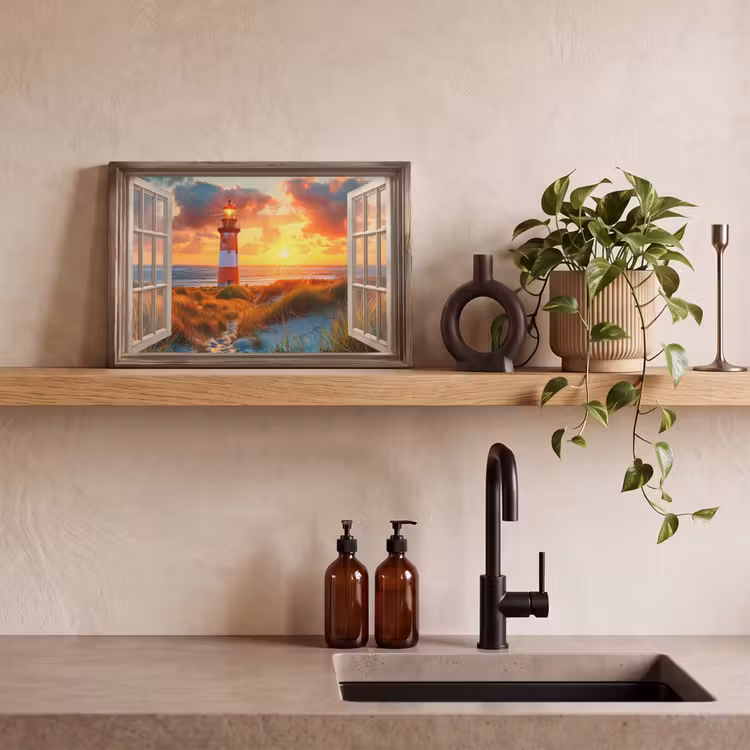 Canvas schilderij - Doorkijk - Raam - Vuurtoren - Zonsondergang - Strand — 3