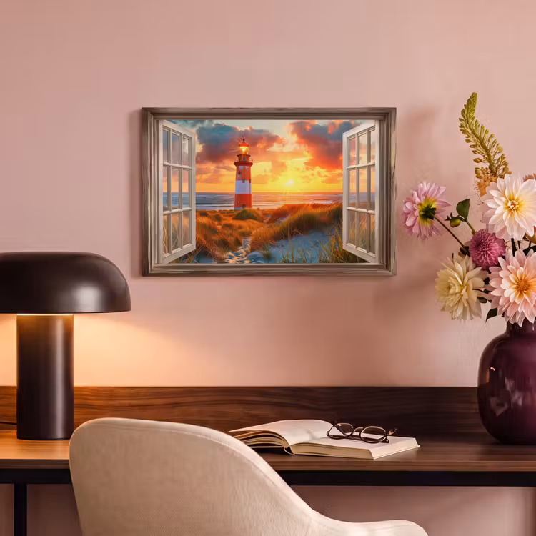 Canvas schilderij - Doorkijk - Raam - Vuurtoren - Zonsondergang - Strand — 4