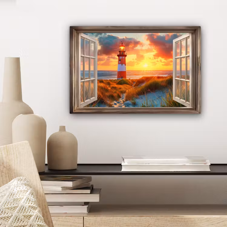 Canvas schilderij - Doorkijk - Raam - Vuurtoren - Zonsondergang - Strand — 5