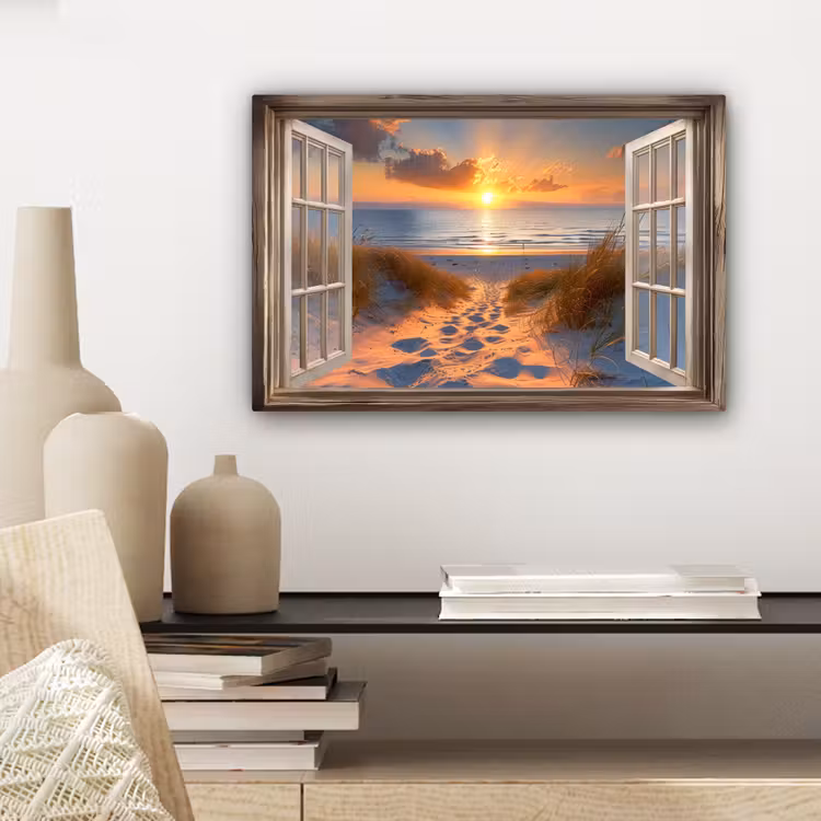 Canvas schilderij - Doorkijk - Strand - Duinen - Zonsondergang — 5