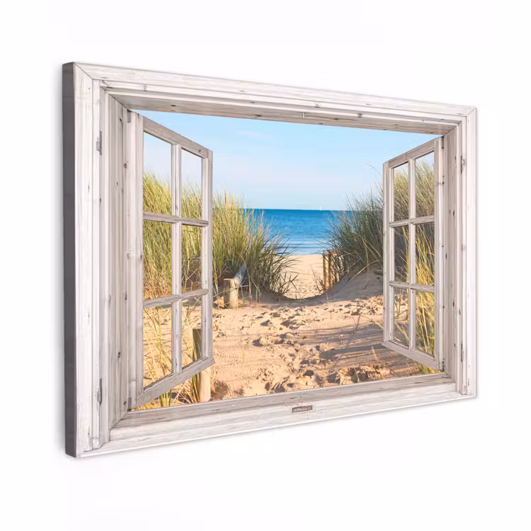 Canvas schilderij - Doorkijk - Strand - Zee - Duinen - Zand - Water - Helmgras — 1