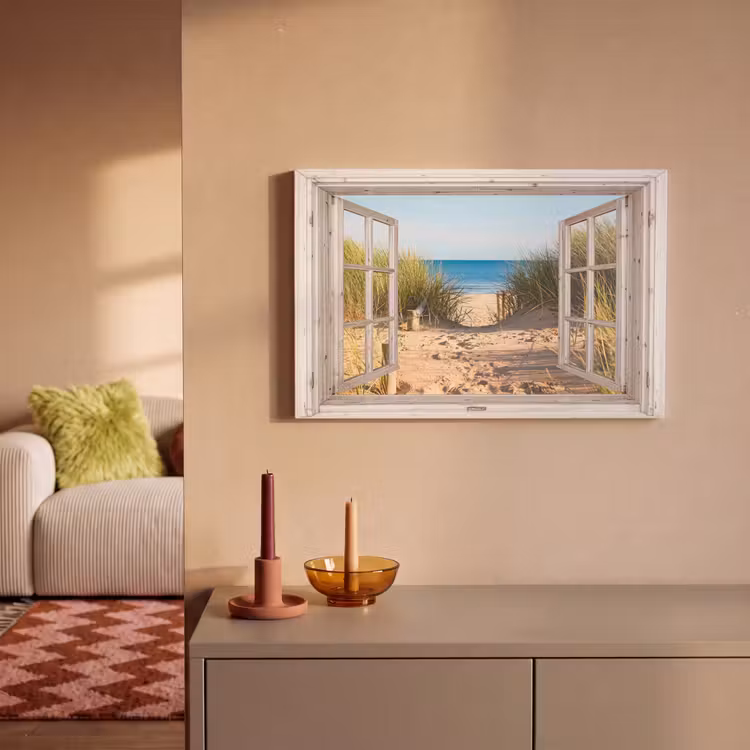 Canvas schilderij - Doorkijk - Strand - Zee - Duinen - Zand - Water - Helmgras — 2