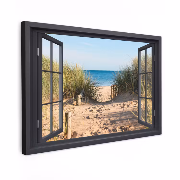 Canvas schilderij - Doorkijk - Strand - Zee - Zand - Water - Helmgras - Duinen — 1