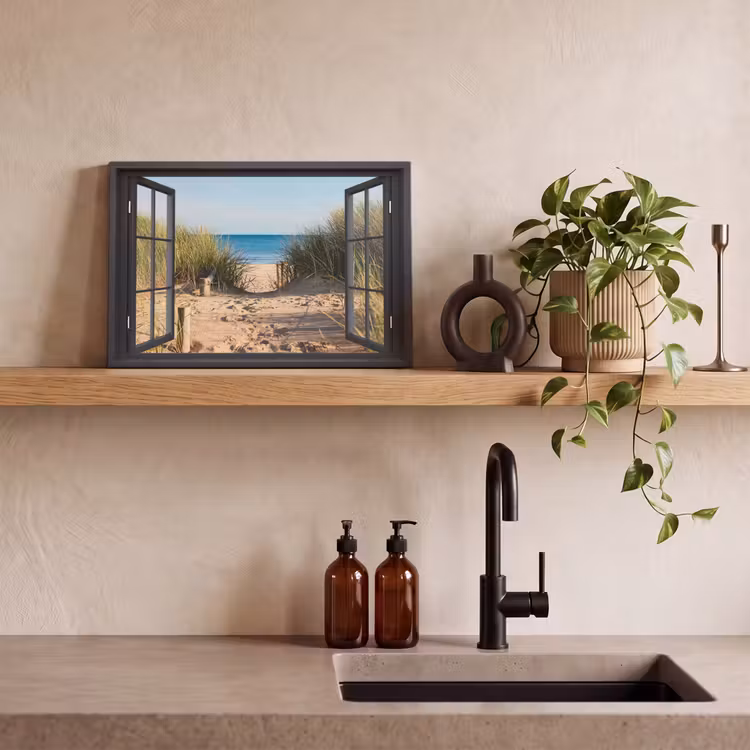 Canvas schilderij - Doorkijk - Strand - Zee - Zand - Water - Helmgras - Duinen — 3