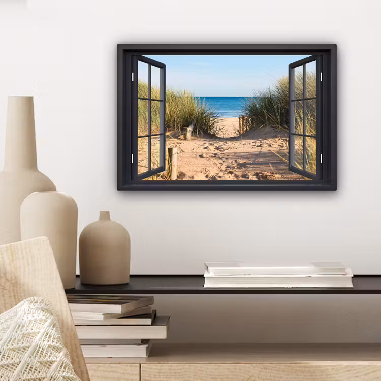 Canvas schilderij - Doorkijk - Strand - Zee - Zand - Water - Helmgras - Duinen — 5