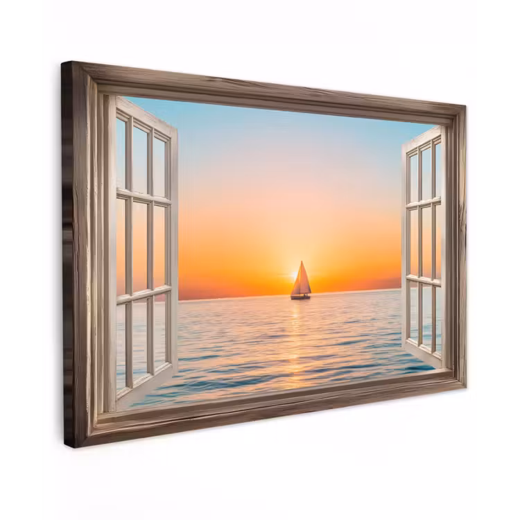 Canvas schilderij - Doorkijk - Zee - Boot - Zonsondergang — 1