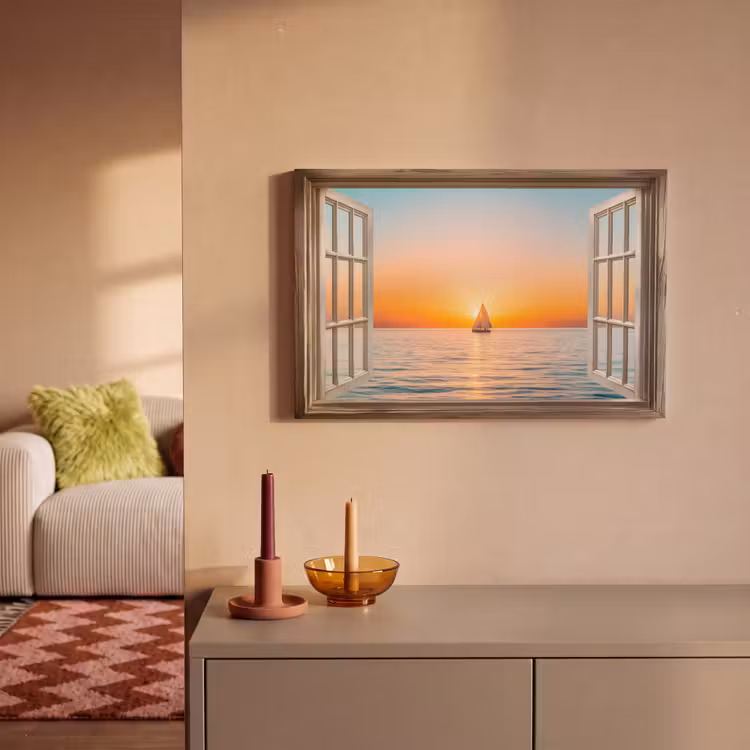 Canvas schilderij - Doorkijk - Zee - Boot - Zonsondergang — 2
