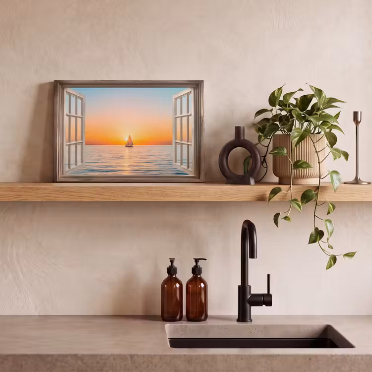 Canvas schilderij - Doorkijk - Zee - Boot - Zonsondergang — 3