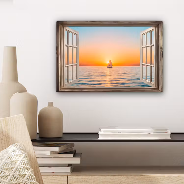 Canvas schilderij - Doorkijk - Zee - Boot - Zonsondergang — 5