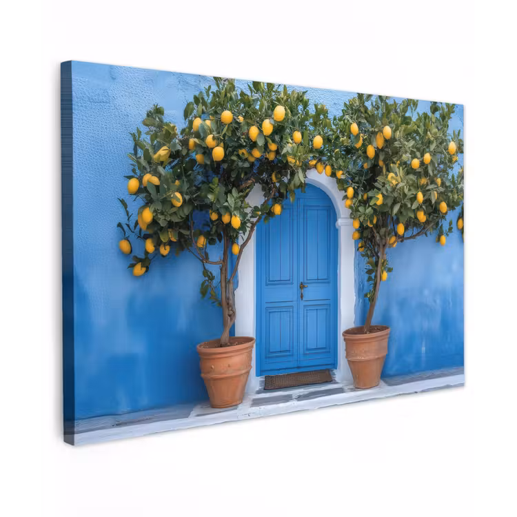 Canvas schilderij - Citroenbomen - Geel - Deur - Potten — 1