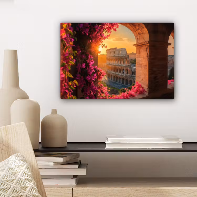 Canvas schilderij - Colosseum - Rome - Roze Bloemen — 5