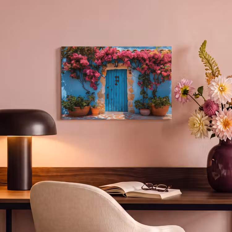 Canvas schilderij - Deur - Hout - Bloemen - Blauw — 4