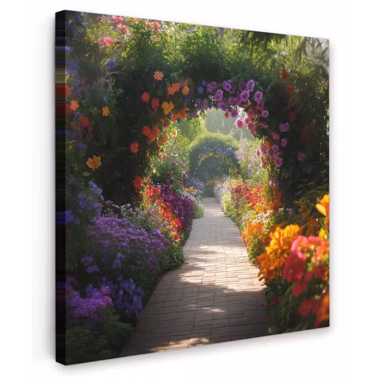 Canvas schilderij - Doorkijk - Pad - Bloemen - Struik - Kleurrijk — 1