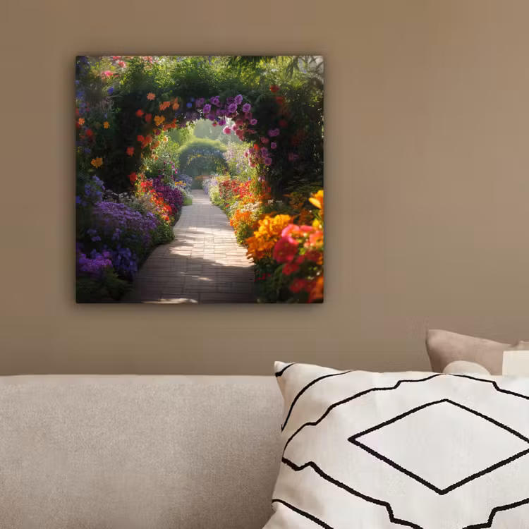Canvas schilderij - Doorkijk - Pad - Bloemen - Struik - Kleurrijk — 3