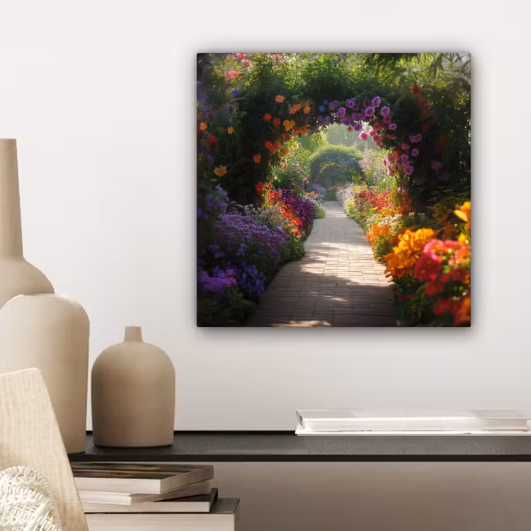 Canvas schilderij - Doorkijk - Pad - Bloemen - Struik - Kleurrijk — 5