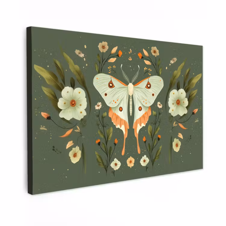 Canvas schilderij - Bloemen - Bladeren - Olijfgroen - Vlinder — 1