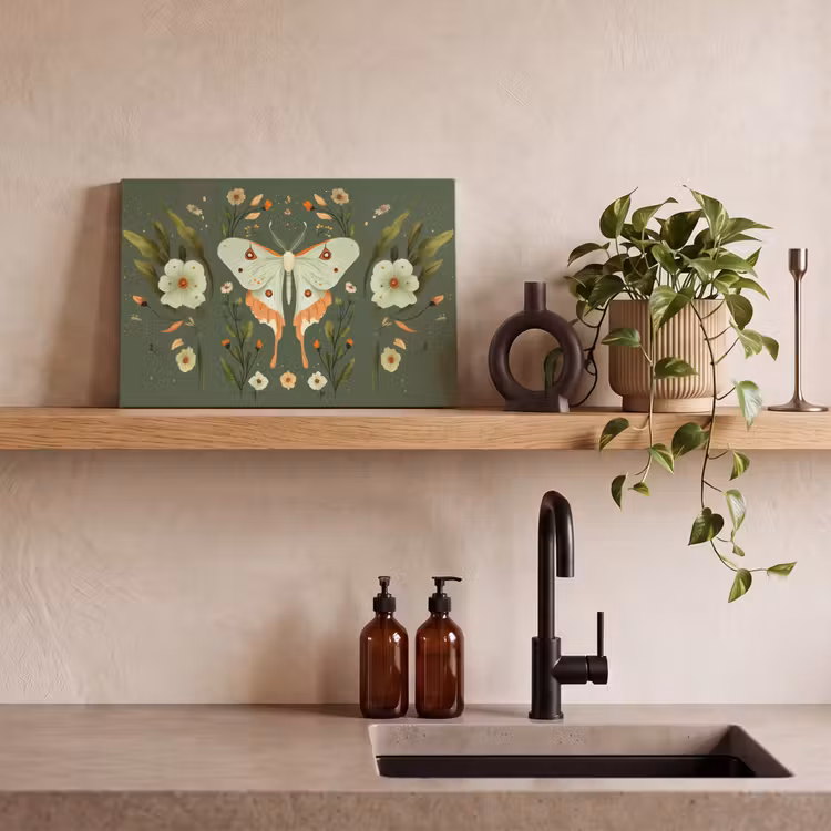 Canvas schilderij - Bloemen - Bladeren - Olijfgroen - Vlinder — 3