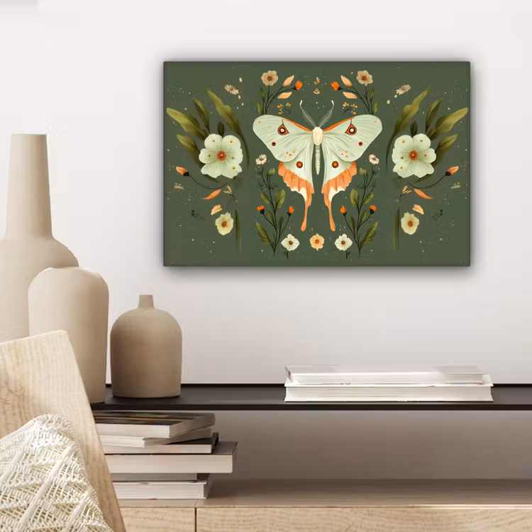 Canvas schilderij - Bloemen - Bladeren - Olijfgroen - Vlinder — 5
