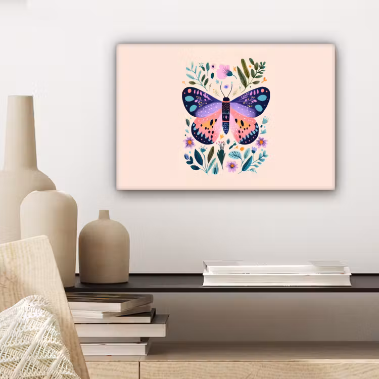 Canvas schilderij - Bloemen - Bladeren - Vlinder - Kleurrijk — 5