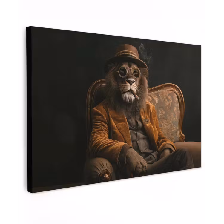Canvas schilderij - Bril - Leeuw - Bank - Hoed — 1