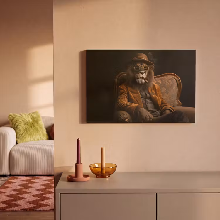 Canvas schilderij - Bril - Leeuw - Bank - Hoed — 2