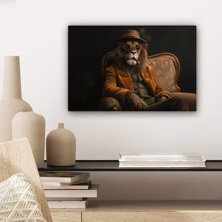 Canvas schilderij - Bril - Leeuw - Bank - Hoed — 5