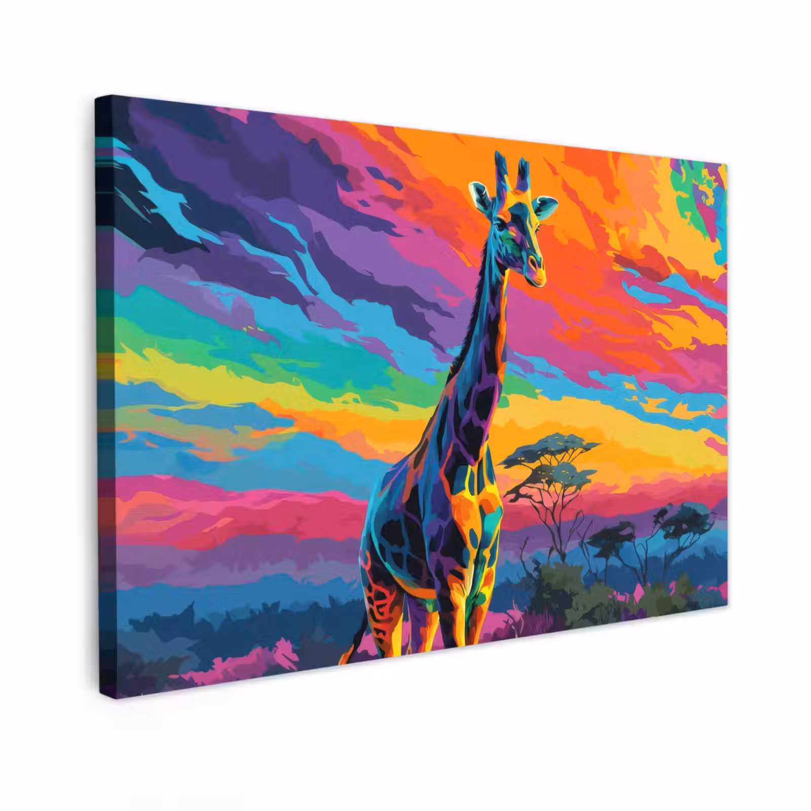 Canvas schilderij - Giraffe - Savanna - Lucht - Gekleurd — 1